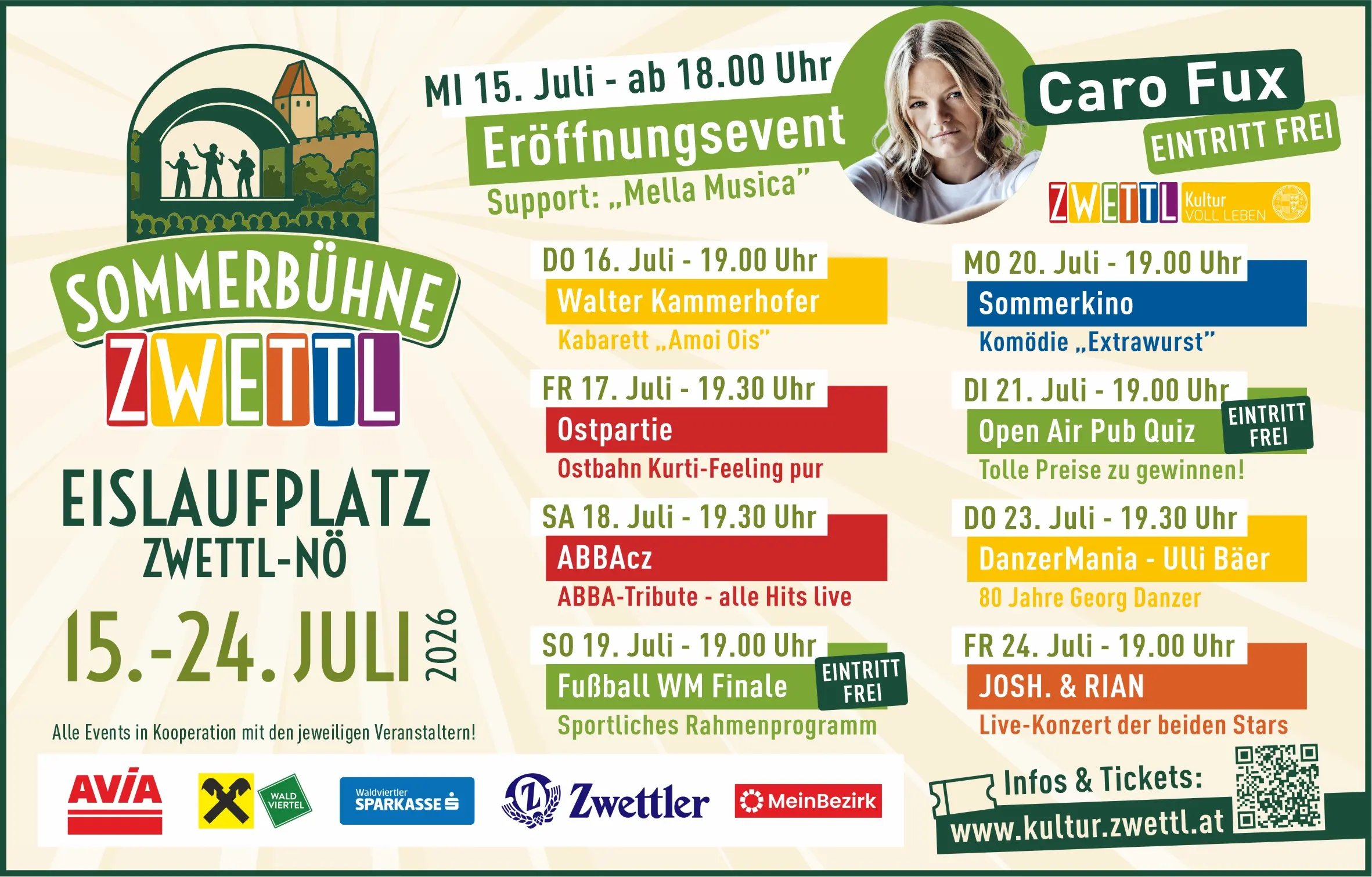 Terminplan für die "Sommerbühne Zwettl" von 15. - 24. Juli 2026 am Eislaufplatz Zwettl-NÖ