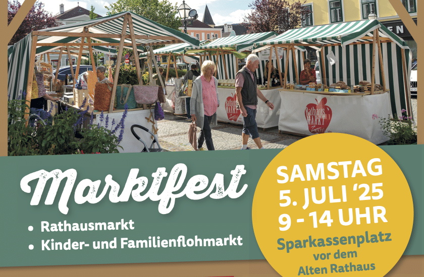 Marktfest mit Rathausmarkt und Kinder- und Familienflohmarkt am Samstag, 5. Juli 2025 von 09.00 - 14.00 Uhr am Sparkassenplatz vor dem Alten Rathaus